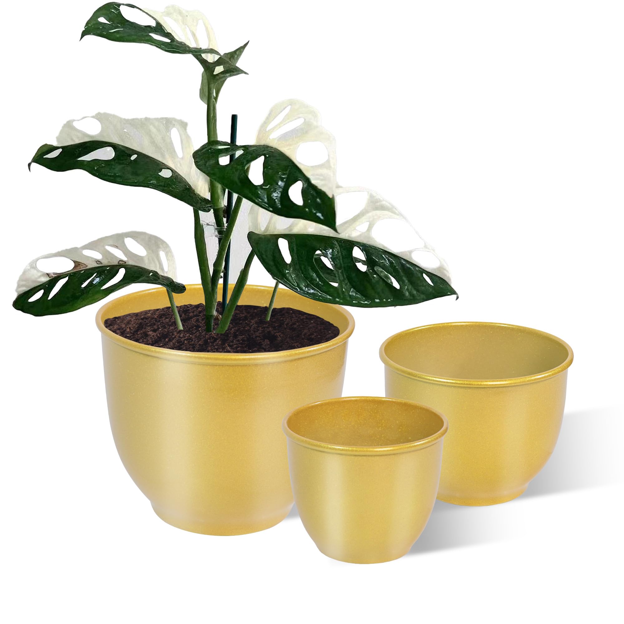 3 Pcs Gold Planters Houseplant Pots, 7/6/4.8 Inch Round Metal Planter Indoor Outdoor, Brass-Toned Plant Flower Growing Containers - Wedding, Living Room, Balcony Decoration