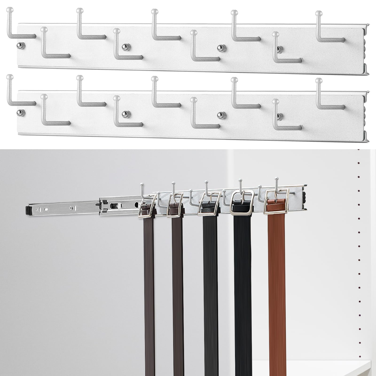 Photo 1 of Blulu 2 Pcs Sliding Tie Rack Hanger for Closet, 9 Tie Pull Out Wall Mount Extending Sturdy Metal Belt Organizer Holder for Men Belt Storage, 13.8'' x 1.7'', Sliver