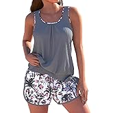 ROSEWE Modest Tankini Swimsuits for Women, Two Piece Athletic Womens Bathing Suits Blouson Tank Tops with Board Shorts