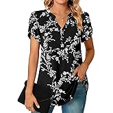 POPYOUNG Womens Plus Size Business Summer Henley Tunic Tops Button Down T-Shirts Petal Sleeve V-Neck Casual Blouses