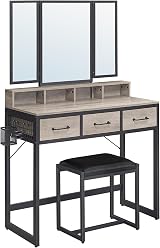 VASAGLE Dressing Table with Folding Mirror 3 Pieces Greige Black RVT004B02 view 2