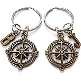 Custom 2 Bronze Compass Keychains with Initial Charms for Couples or Best Friends, Anniversary Gift Keychains