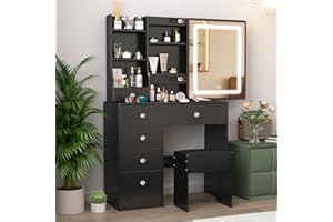 Black Vanity with Mirror and Lights, Vanity Desk with LED Lighted Mirror, 3 Lighting Modes & Adjustable Brightness, Vanity Dr
