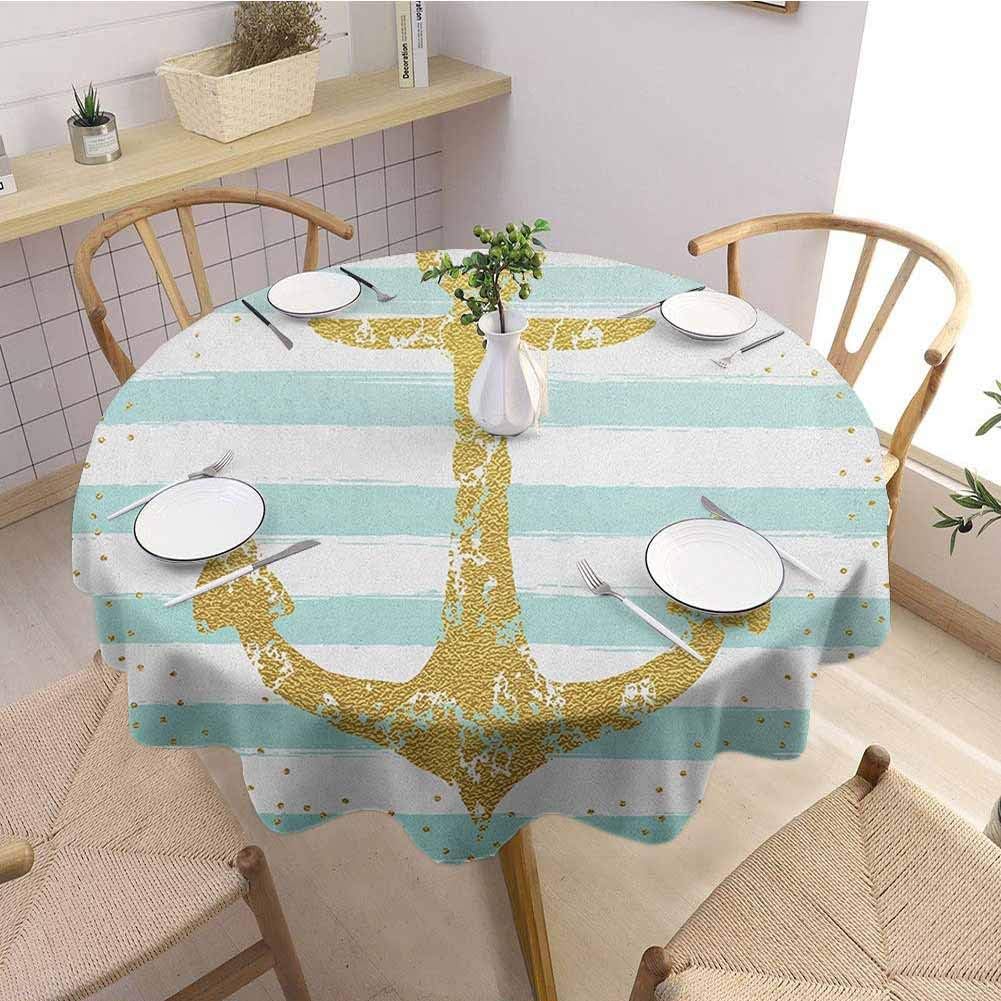 Fashions Table Cloth,AnchorNordic Marine Golden Anchor Striped Background Old Fashioned Artwork Print,Dining Table Cover Pale Blue White Diameter 55"