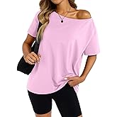 EasyGala Womens Cotton Off The Shoulder Tops Oversized Short Sleeve T-Shirts Casual Summer Tees Trendy Clothes 2025 Pink