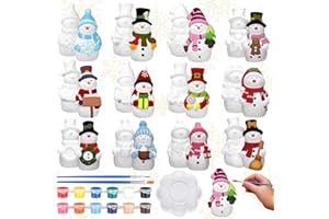 Realspring 12 Sets Snowman Ceramic to Paint Christmas Ready to Paint Your Own Ceramic DIY Paintable Figurine Unpainted Statue Kit Craft with Brush Palette for Adults Christmas Winter Party Favor