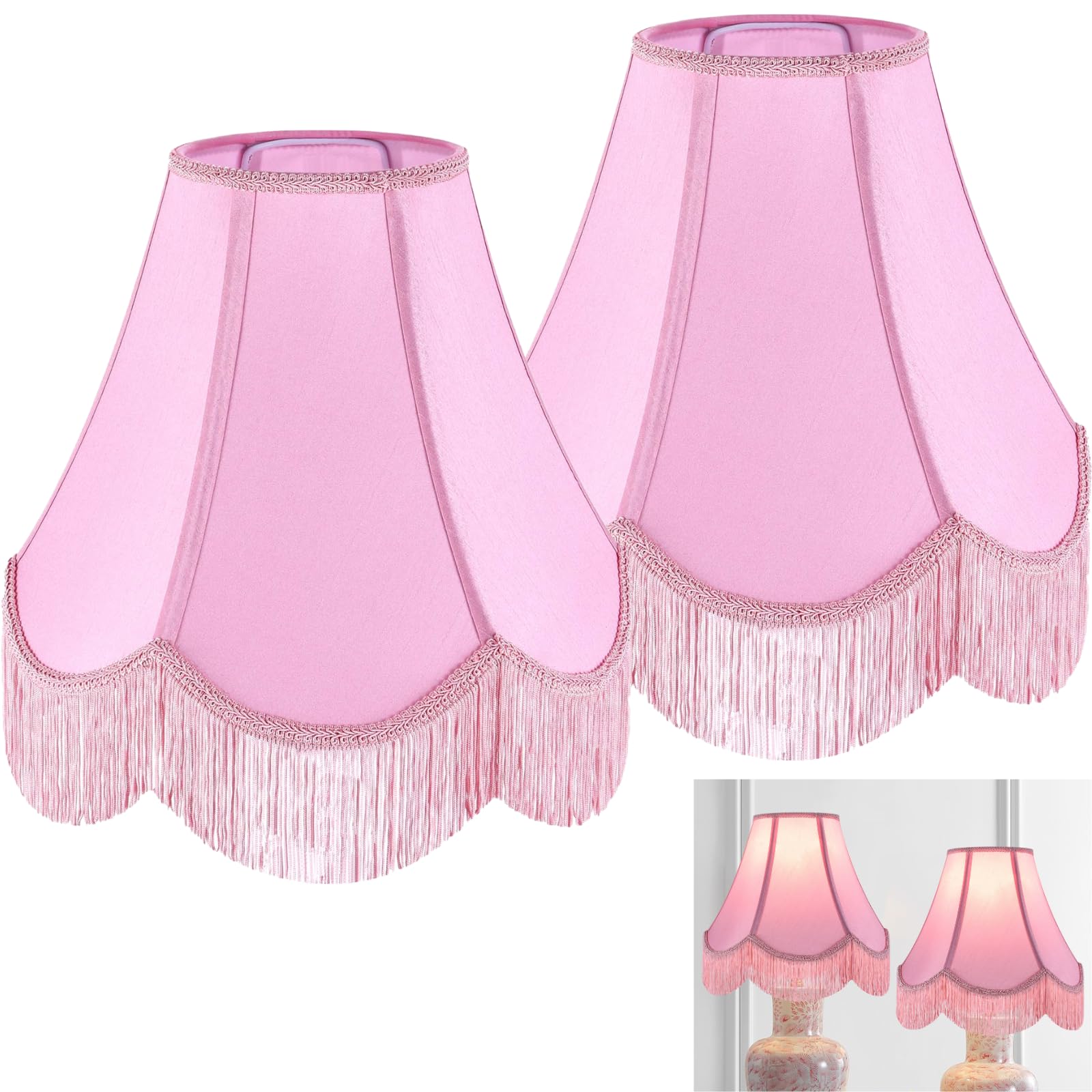 Photo 1 of Pink Silk Fabric Bell Lamp Shades Set of 2, Victorian Fringe Trim Scalloped Lamp Shade 6"x13"x10.6"(Spider),Replacement Shades for Table,Floor Lamps,Nordic Decor,Easy Assembly, Hand Crafted By GO&SO