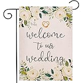 Welcome To Our Wedding Garden Flag 12.5x18 Inch Double Sided Outside, White Floral Marriage Welcome Party Yard Outdoor Decoration