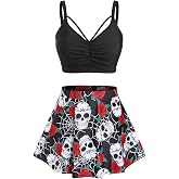 Rosegal Women Plus Size Gothic Tankini Swimsuit Rose Skulls Printed Ruched Two Piece Bathing Suits