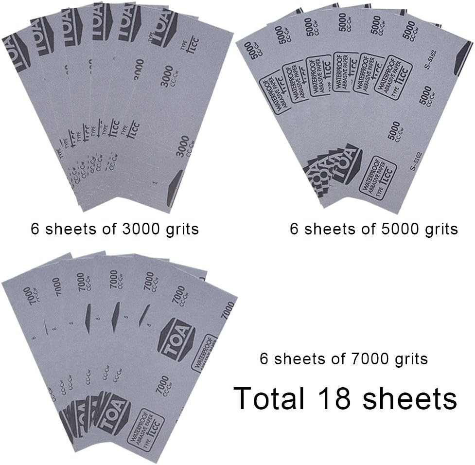 AUSTOR 18 Pcs Wet and Dry Sandpaper 3000 5000 7000 High Grit Assorted, 9 x 3.6 Inches Abrasive Paper for Automotive Sanding Wood Furniture Finishing - - 