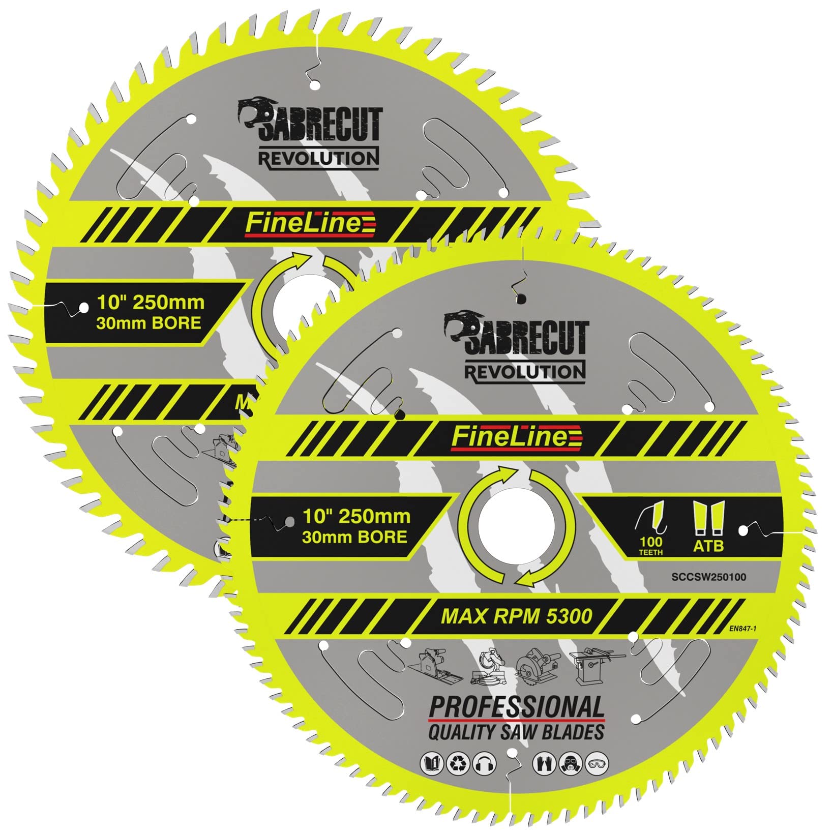 2 x SCCSW250K1 SabreCut 250mm 60T and 100T x 30mm Bore FineLine Thin Kerf Wood Plywood MDF Chipboard Cross Cutting and Rip Cutting Saw Blades