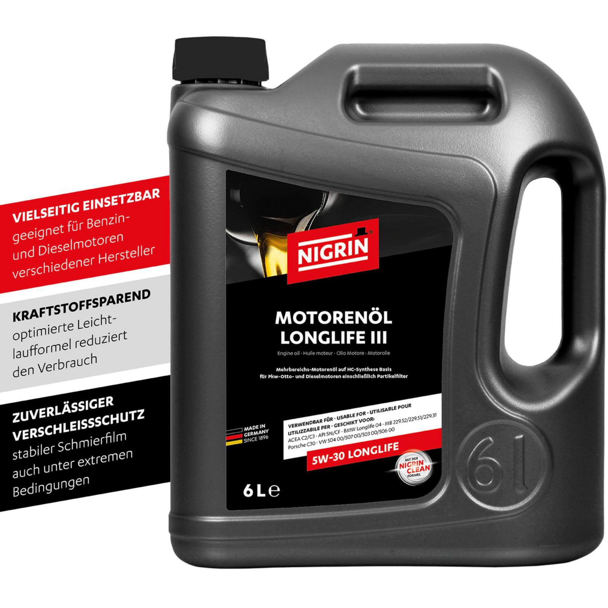 NIGRIN Motorenöl 5W-30 LongLife III | 6 Liter | für Pkw- Otto- und Dieselmotoren einschließlich Partikelfilter, Mehrbereichsmotoröl auf HC-Synthese Basis, VW 504 00/507 00/503 00/506 00 2