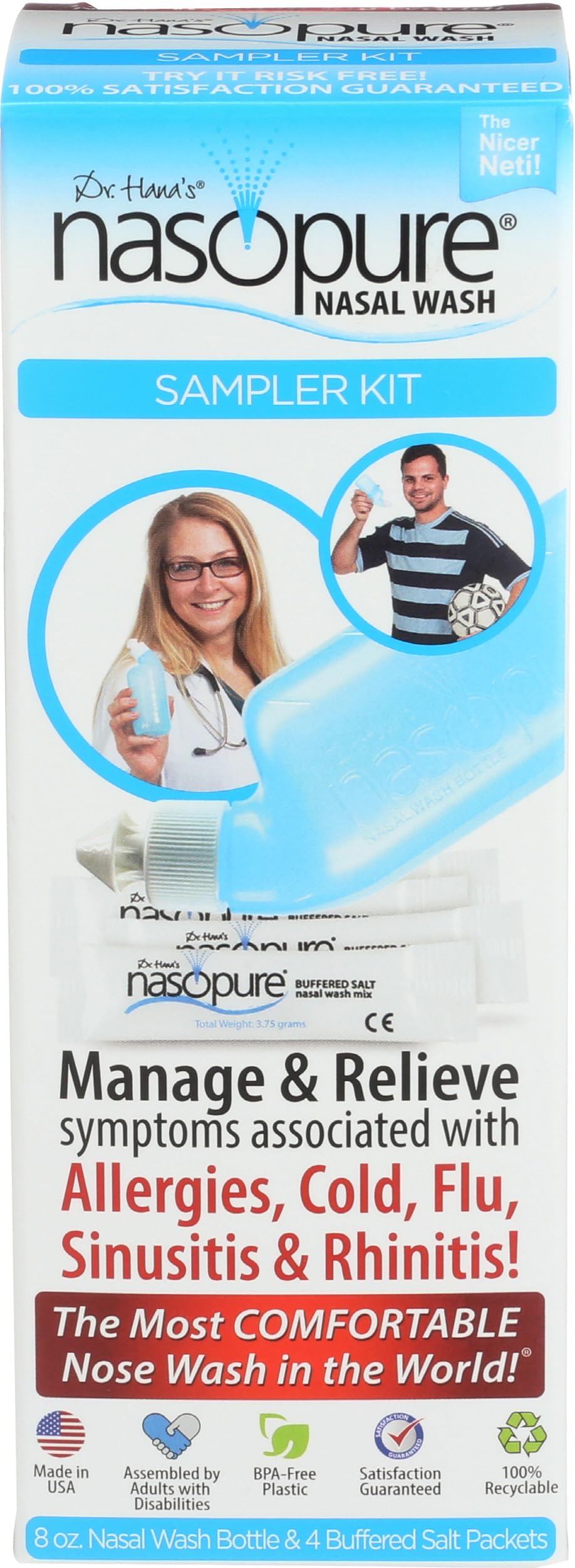 DR HANA'S NASOPURE The"Nicer Neti Pot" | Sampler Kit | 8 Ounce Bottle with 4 Buffered Salt Packets | Allergy and Congestion Relief Nasal Wash