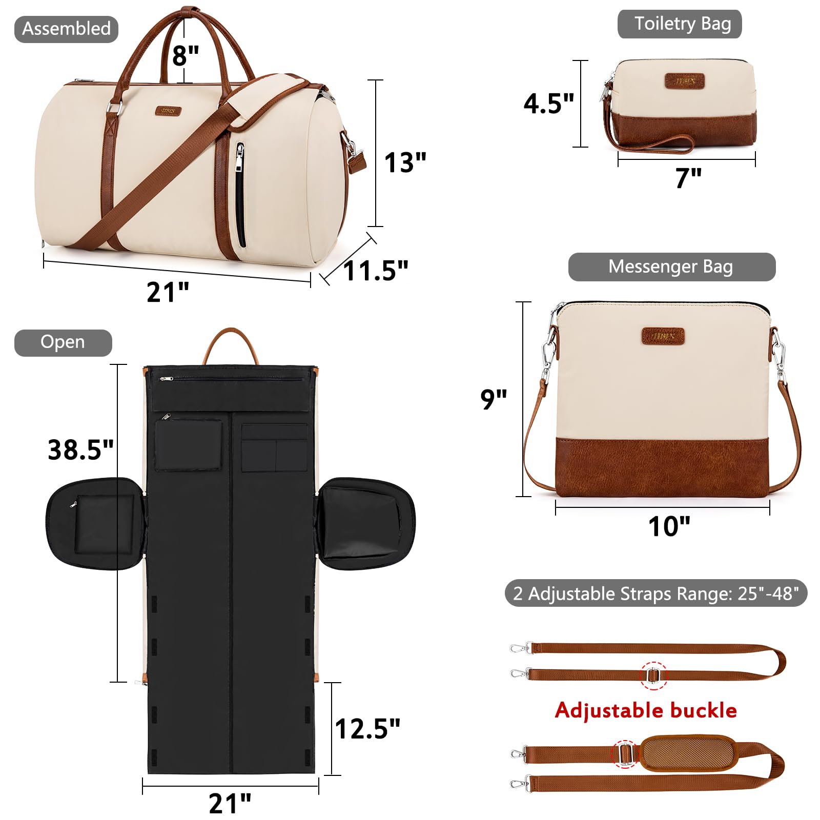 4pcs Convertible Garment Duffel Bag for Travel - 50L 2-in-1 Carry On Weekender Overnight Bag with Toiletry Bag, Fits Suits & Dresses, Trolley Sleeve, Hanging Suit Compartment, Waterproof Shoe Pocket