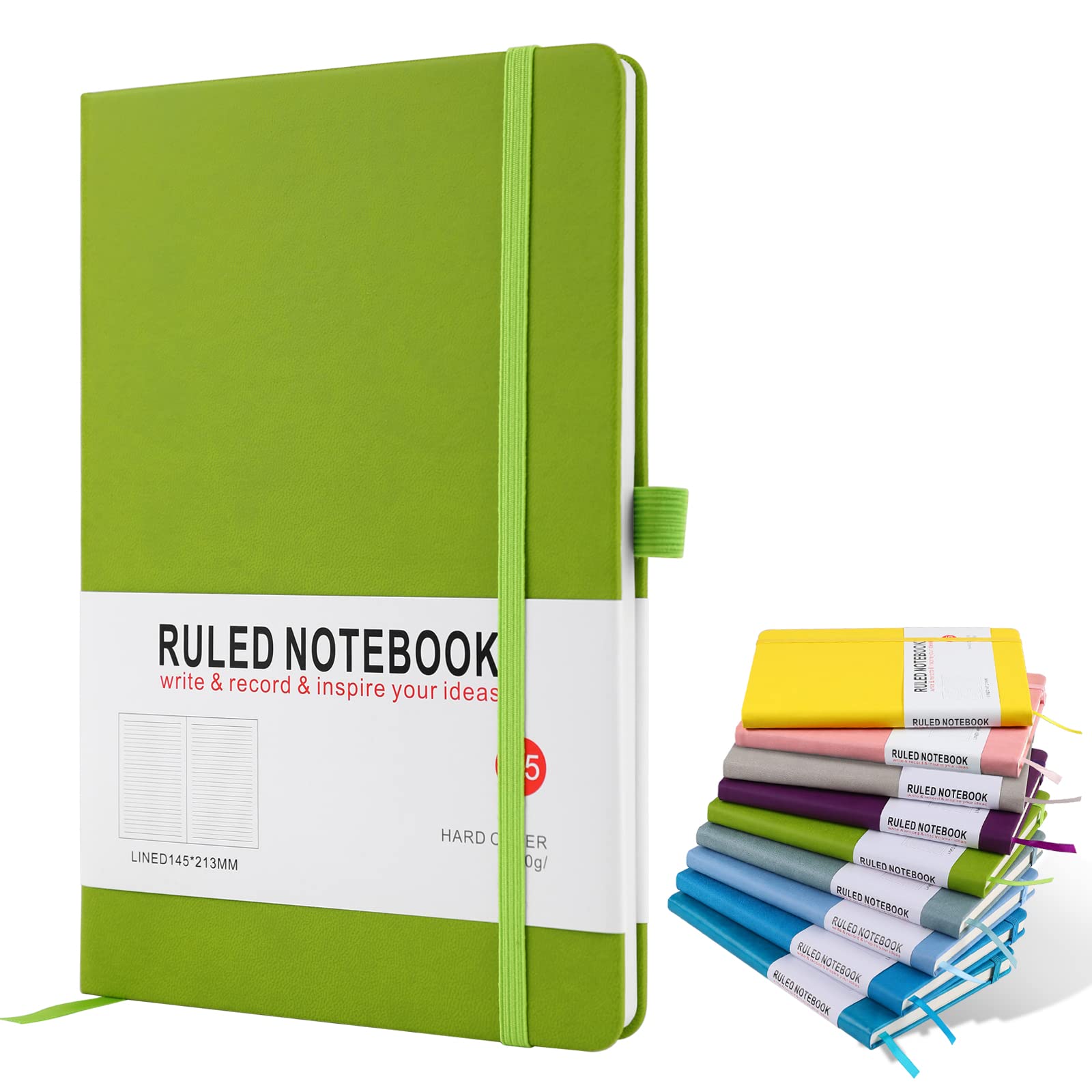 A5 Notebook, Journal Note Pad 200 Pages 80 GSM Journal Notebook Hardback Notepad with Lined Pages, Pen Loop and Expandable Paper Pocket, Journal Notepad Note Book-Grass Green