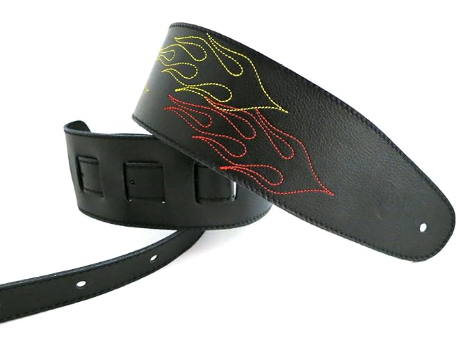 title=Tracolla chitarra e basso in pelle nera con ricamo fiamme Custom Style T801C02FM