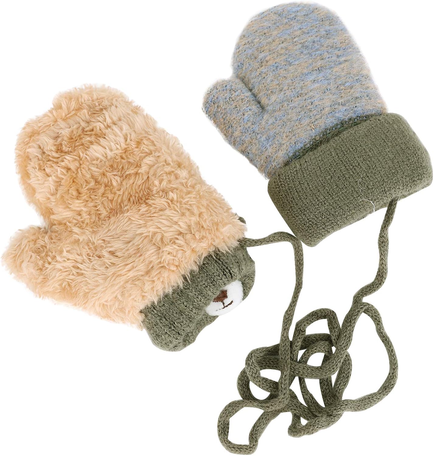 RUIXIA Kids Winter Knitted Gloves Cute Cartoon Bear Hang Neck Mittens Newborn Baby Warm Mitten Thicken Cashmere with Rope Mitten Thermal Full Finger Wrist Glove Boy Girl 0-3Y Gift - Image 5