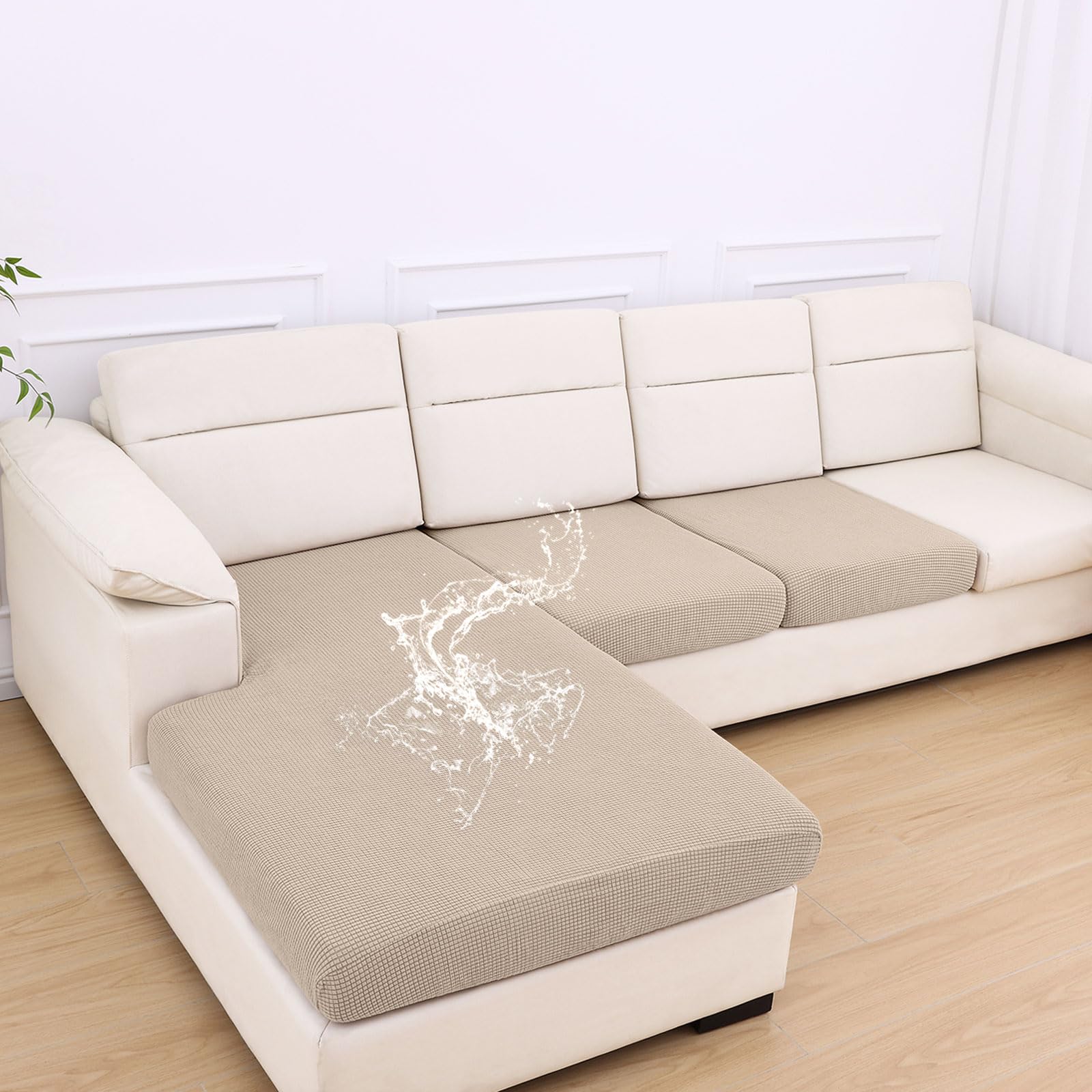 Photo 1 of hyha Waterproof Couch Cushion Covers for Pets, Non Slip Sofa Seat Cover for Dogs Washable, Soft Thick Stretch Jacquard Fabric, Sofa Slipcovers with Elastic Bottom (1 Chaise+2 Seater, Taupe)