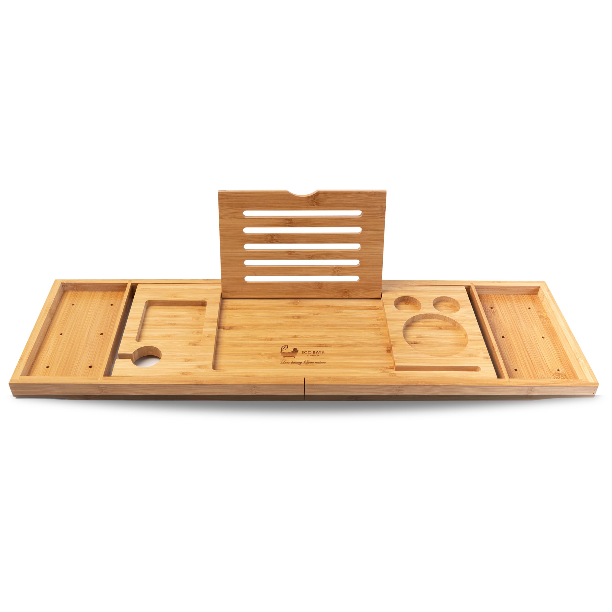 Eco Bath Luxury Bamboo Bath Tray - Fully Extended Wooden Tray with Wine Glass & Essentials Holders - Adjustable Bath Rack for Bathroom Table