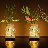 Everkeen Plant Propagation Station with Wooden Saucer, Glass Terrarium with Stepless Dimming Function Hydroponic Glass Container Vase Jars Gardening Gifts for Mom Women Plant Lovers(2 Pack)