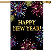 HOMETITUTE Happy New Year House Flag 28x40 Inch Black Background Colorful Fireworks Garden Flag Outdoor Yard Decoration Holiday Celebration Banner for Home Porch Lawn