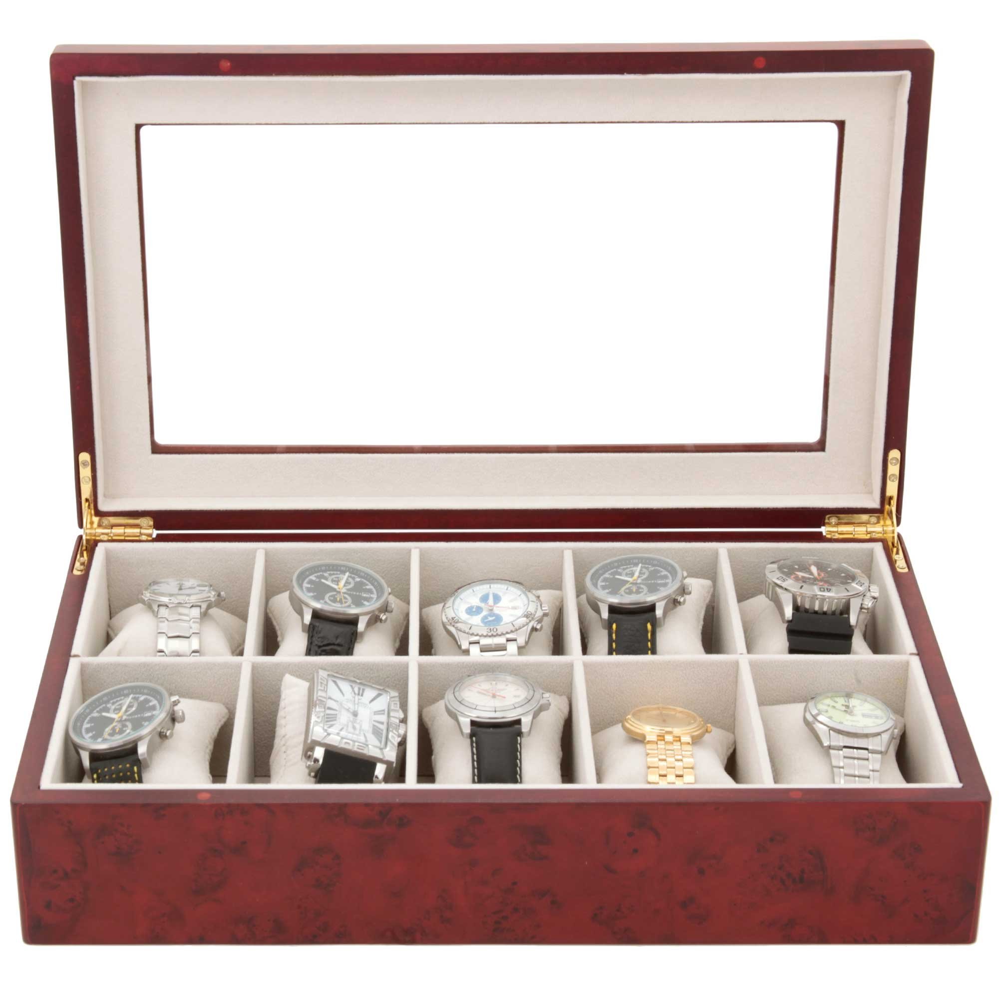 Watch Box for 10 Wood Finish XL Extra Large Compartments Fits 63mm Soft