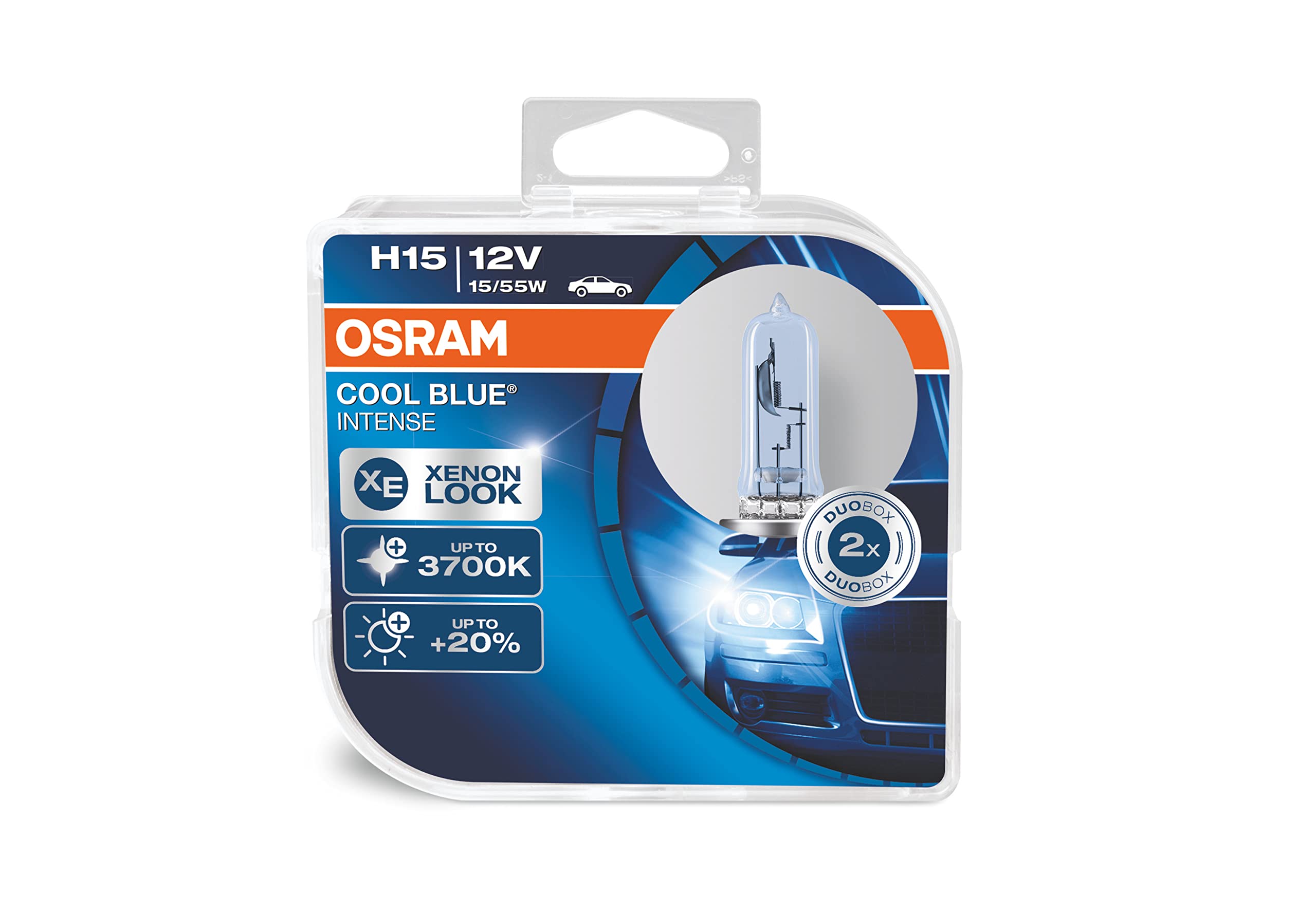 OSRAM COOL BLUE INTENSE H15, headlight bulb for halogen headlamps, xenon effect for white light, 64176CBI, 12 V passenger car, folding carton box (1 unit)