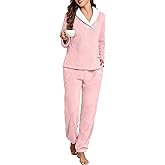 PrinStory Womens Pajamas Winter Soft Fluffy Pajama Set Fuzzy Warm Pjs Flannel 2 Piece Plush Sleepwear Lounge Sets