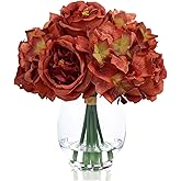 Burnt Orange Silk Peonies Artificial Flowers & Hydrangea in Glass Vase with Fake Water, Fake Austin Rose Bouquet with Vase for Fall Home Hotel Office Wedding Party Decor as Table Centerpieces & Gift