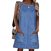 Womens Sleeveless Casual Denim Dress - Summer Crewneck Vintage Loose Jean Romper Overall Dress with Pockets
