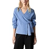 Aedceal Women's Knitted Wrap Cardigan V-Neck Long Puff Sleeves with Self-Tie Belted Waist Sweater Tops