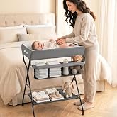 INFANS Baby Changing Table, Portable Nursery Organizer, Grey | Folding Diaper Station with Safety Belt, Easy to Clean Waterproof Surface, Large Storage Racks and Shelf for Newborn Infant