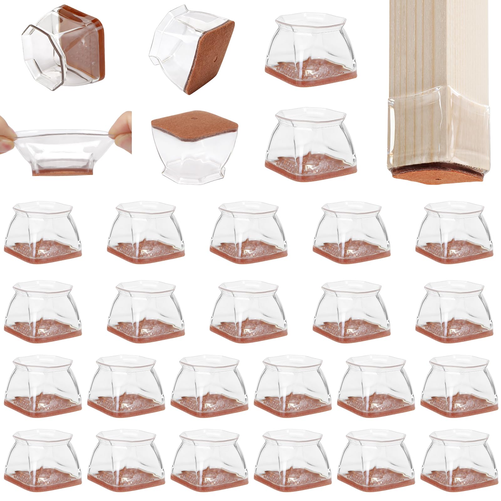 CHUNZEXI 24 Pack Square Chair Leg Floor Protectors for Hardwood Floors, Silicone Felt Covers Pads Caps, Protect Wood Furniture Feet Floors Noise Reduce and Scratch (Square X-Lager & Clear) Image