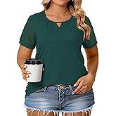 VISLILY Womens-Plus-Size-Summer-Tops Dressy Lace Short Sleeve T Shirts Casual Keyhole Crewneck Blouses Trendy Pleated Tunics
