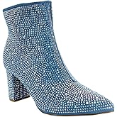 ABSOLEX Women Pointed Toe Rhinestone Block Medium Heel Ankle Booties, Blue Denim, 6.5