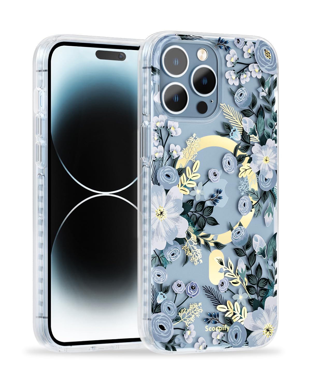 SCORPIFY for iPhone 14 Pro Max Case [Compatible with MagSafe] with Blue Nemophila Floral Design, Cute Clear Flower Magnetic Phone Cover for Women Girls,[Non Yellowing] Slim Bumper with Gold Accents