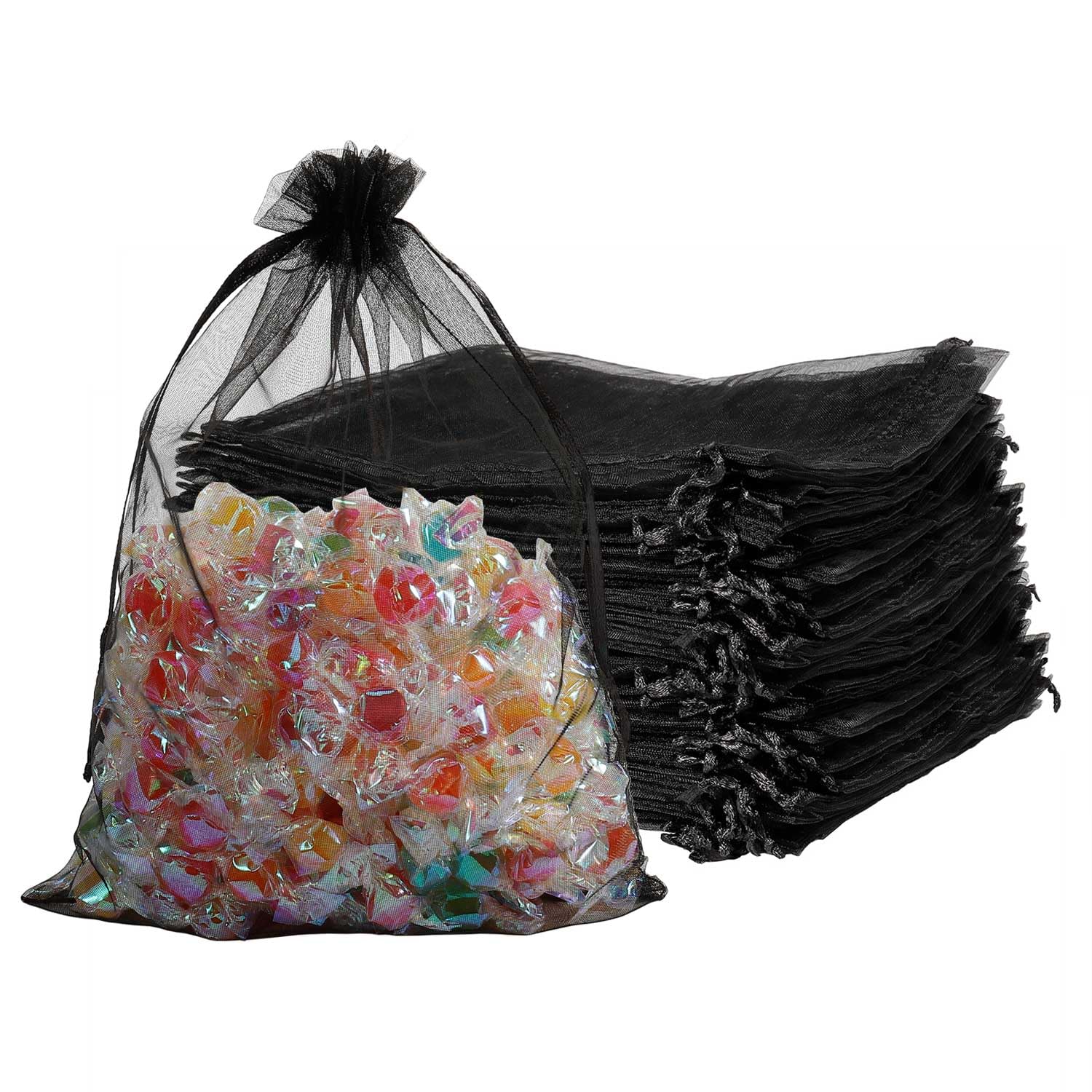 SUNGULF 100pcs Organza Pouch Bag Drawstring 6"x9" 16x22cm Strong Gift Candy Bag Jewelry Party Wedding Favor (Black)