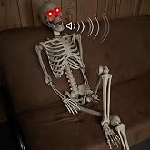 Halloween Skeleton Decoration - 6FT Life Size Realistic Pose-n-Stay Skeleton with LED Glowing Eyes - Sounds Sensor Hanging Props for Creepy Halloween Decorations