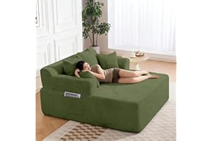WiNVO 58" Chaise Lounge Chair Indoor, Green - Oversized Corduroy Boneless Sleeper Sofa Bed with Armrests and 4 Pillows, No Assembly for Living Room