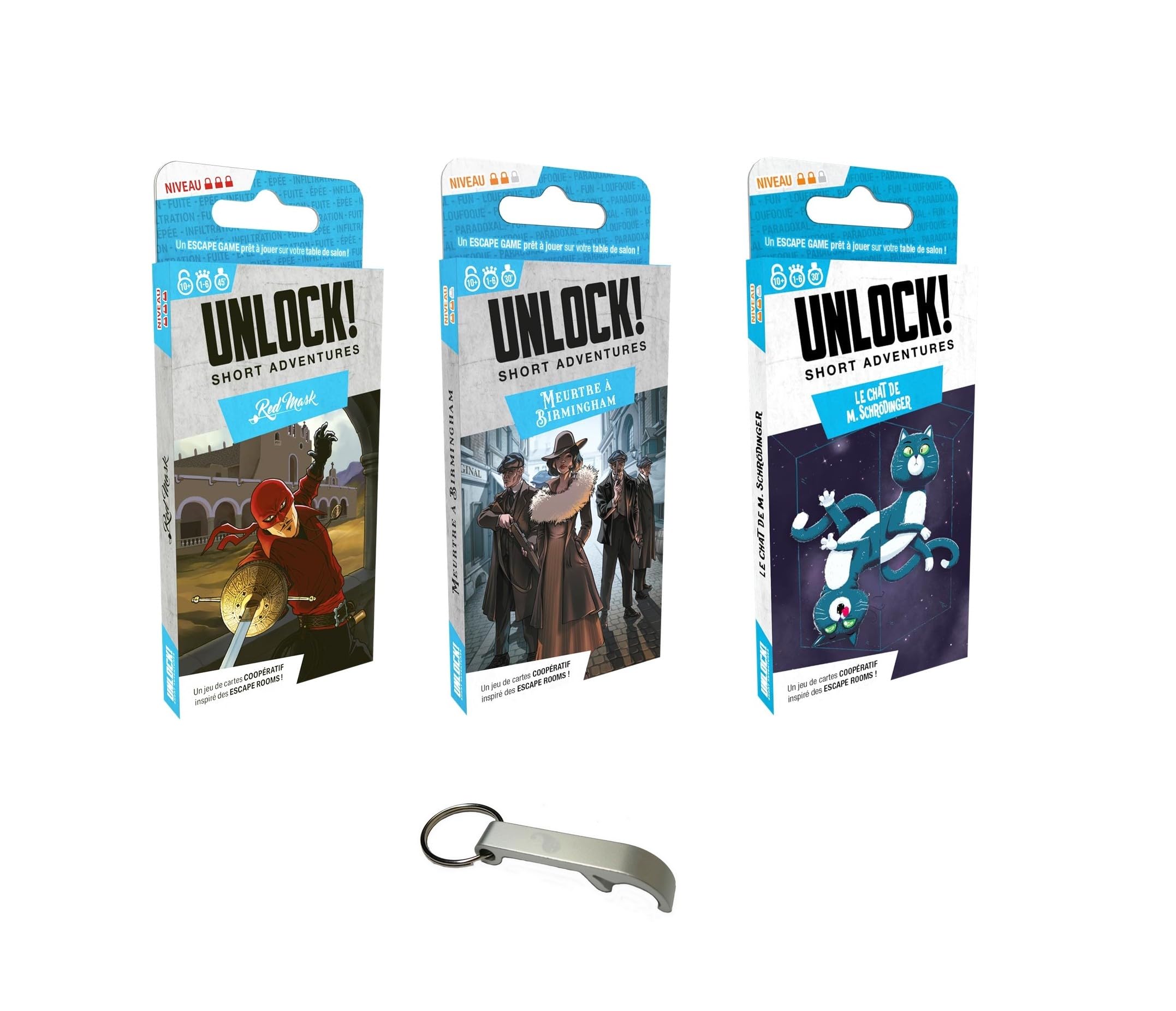 Set of 3 Unlock Short Adventures, French Version Red Mask + Murder in Birmingham + Mr Schrödinger's Cat + 1 Blumie Bottle Opener (Murder + Cat + Mask)