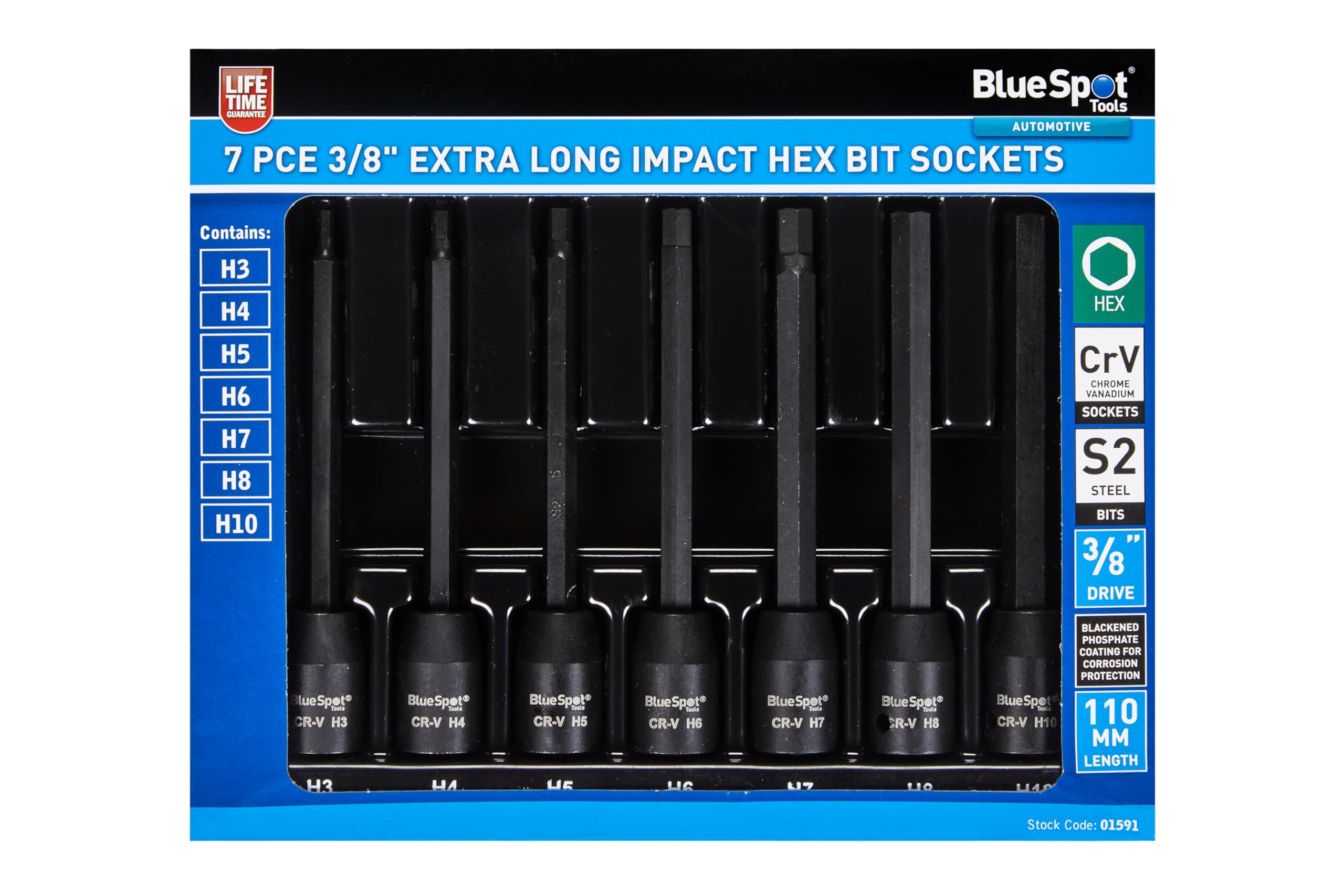 Blue Spot Tools 7 PCE Extra Long 3/8" Impact Hex Bit Sockets (H3-H10)