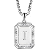 Raymard Mens Womens 925 Sterling Silver A-Z Initial Necklace, Cubic Zirconia Dog Tag Pendant Necklace for Men, 24" Rolo Chain Initial Jewelry