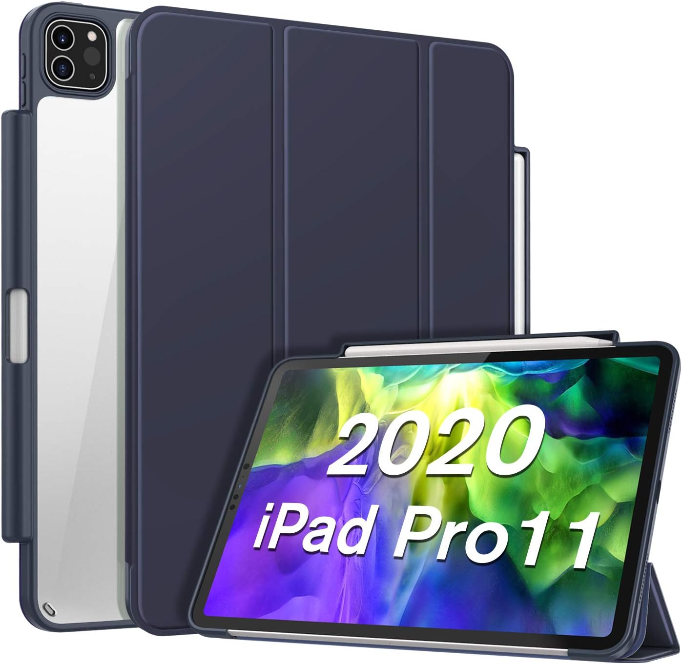 CaseBot Case with Pencil Holder for iPad Pro 11" 2020/2018 [Supports 2nd Gen Pencil Charging] - Slim Transparent Clear Hard Back Cover with Soft TPU Edge, Auto Wake/Sleep, Navy