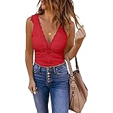 Bigeoosh Womens Lace Patchwork Sexy Deep V Neck Knitted Vests Summer Camis Tank Tops