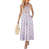 ABYOVRT Women Floral Embroidered Maxi Dress Sleeveless Tie Shoulder Smocked Flowy Dress Boho Summer Sundresses with Pockets