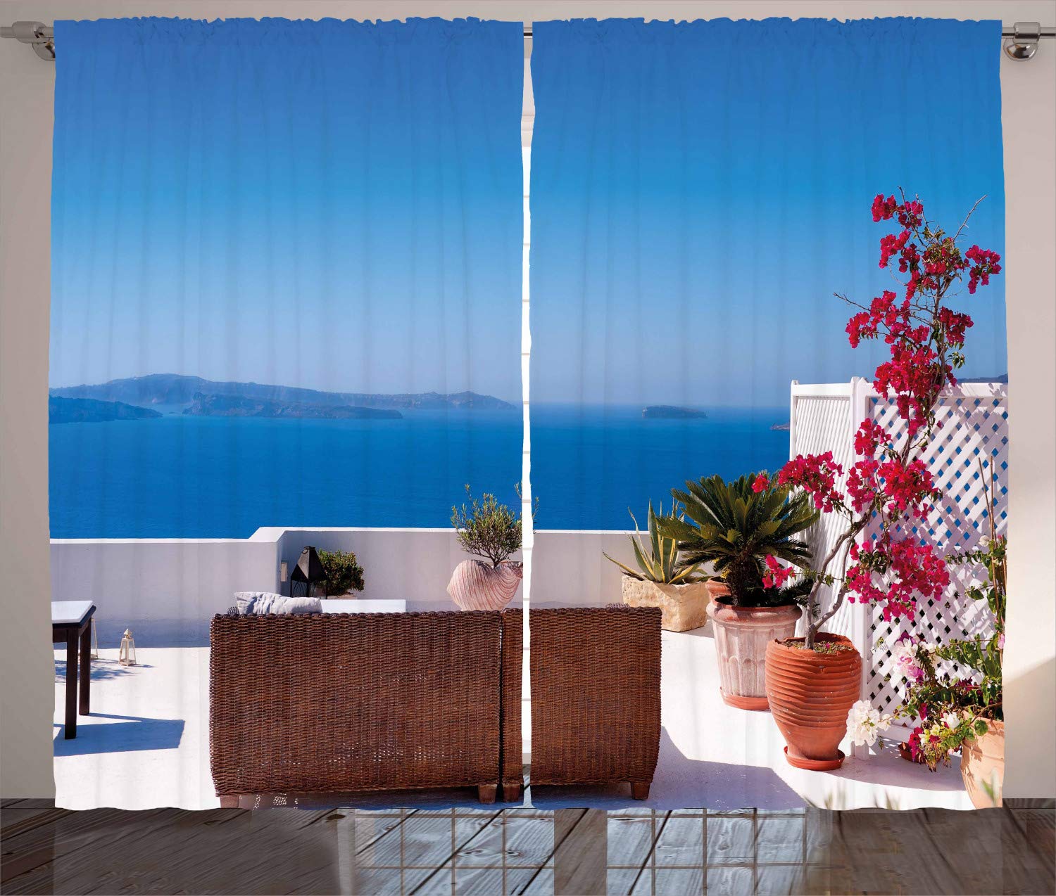 ABAKUHAUS Modern Curtains, View of Mediterranean Santorini Aegean Sea Seascape Holiday Artwork, Living Room Bedroom Window Drapes 2 Panel Set, 96 W X 110 L, Light Grey Sky Blue — image 1