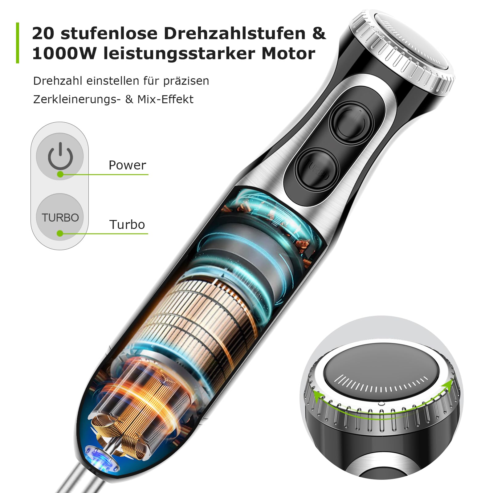 Bonsenkitchen Pürierstab, 4-en-1 Stabmixer Elektrischer, 1000W Stufenlos Geschwindigkeiten, Edelstahl, Schneebesen, 500ml Häcksler und 700ml Messbecher für Babynahrung, HB3203 (Schwarz) 2