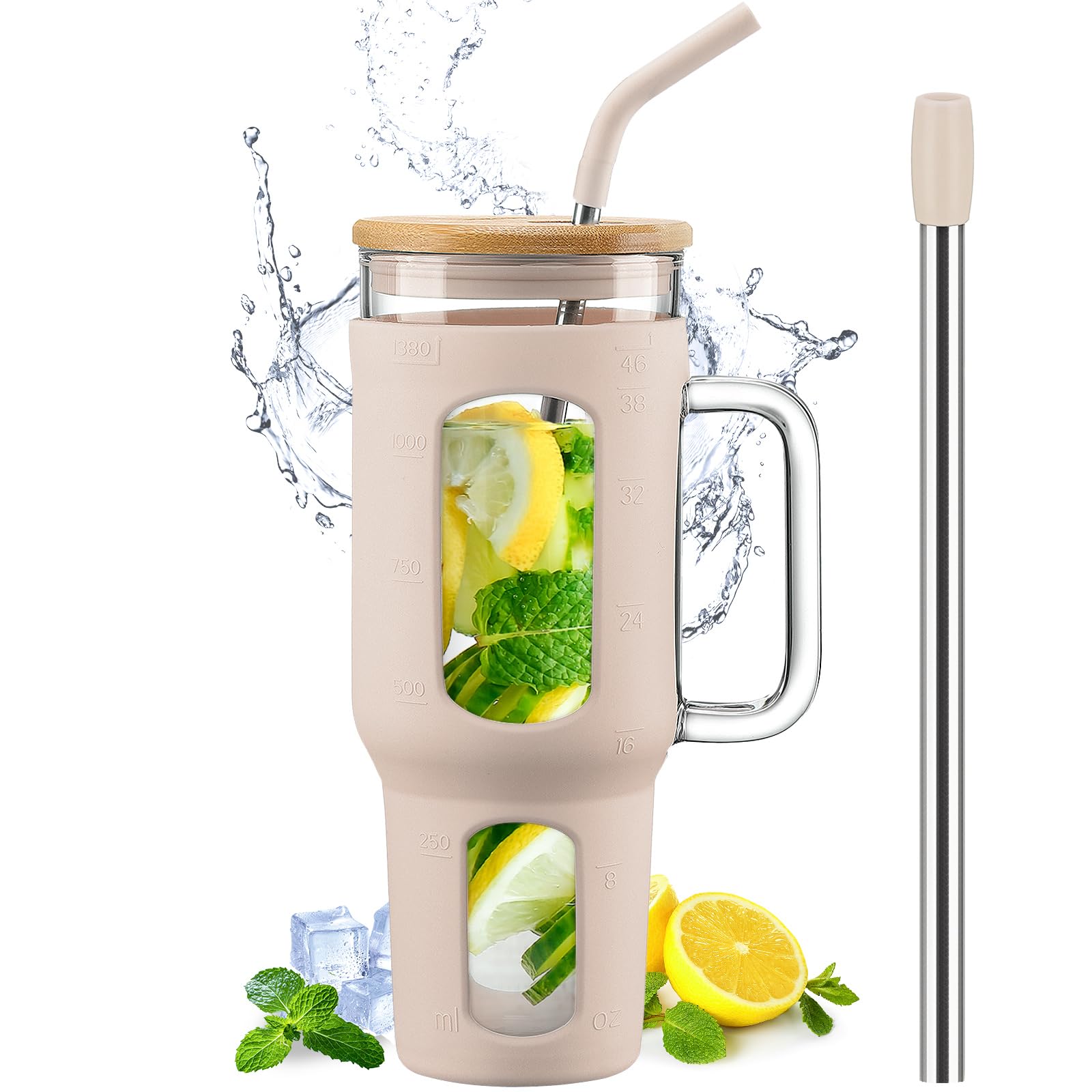 BLUEGO Tumbler becher mit Deckel und Strohhalmen, 1400ml Kaffeebecher To Go mit Henkel, Trinkbecher mit Silikonhülle, 1,4 L Tumbler becher mit 2 Strohhalmen, BPA-frei, Amber