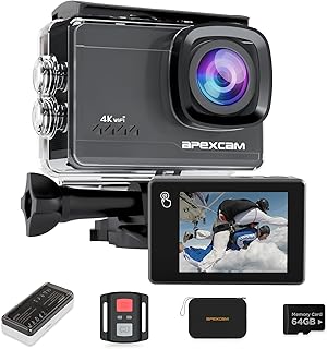 Apexcam M90 mit 64G Karte Action Cam 4K60FPS 64MP WLAN EIS Bildstabilisierung Sportkamera mit Touchscreeen Unterwasserkamera 40m Wasserdicht 8X Zoom 2.4G Fernbedienung 2x1350mAh Akkus mit Zubehör-Set