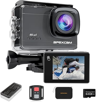 Apexcam M90 mit 64G Karte Action Cam 4K60FPS 64MP WLAN EIS Bildstabilisierung Sportkamera mit Touchscreeen Unterwasserkamera 40m Wasserdicht 8X Zoom 2.4G Fernbedienung 2x1350mAh Akkus mit Zubehör-Set